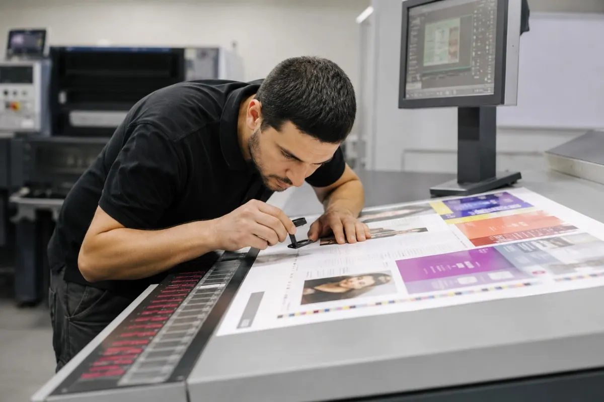 Prepress technicians reviewing printed sheets